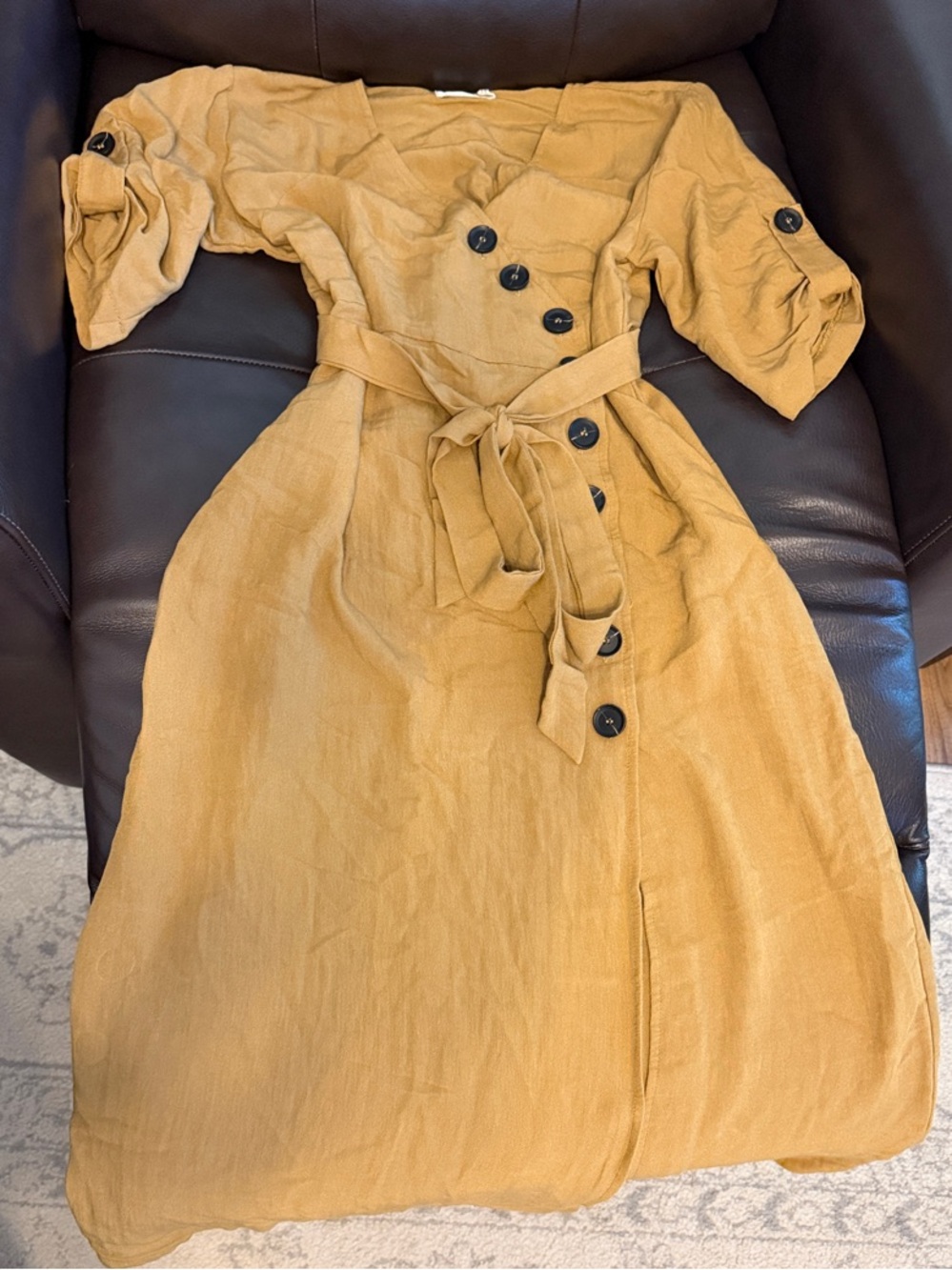 Mustard Tan Button-Front Wrap Dress with Ribbon Belt